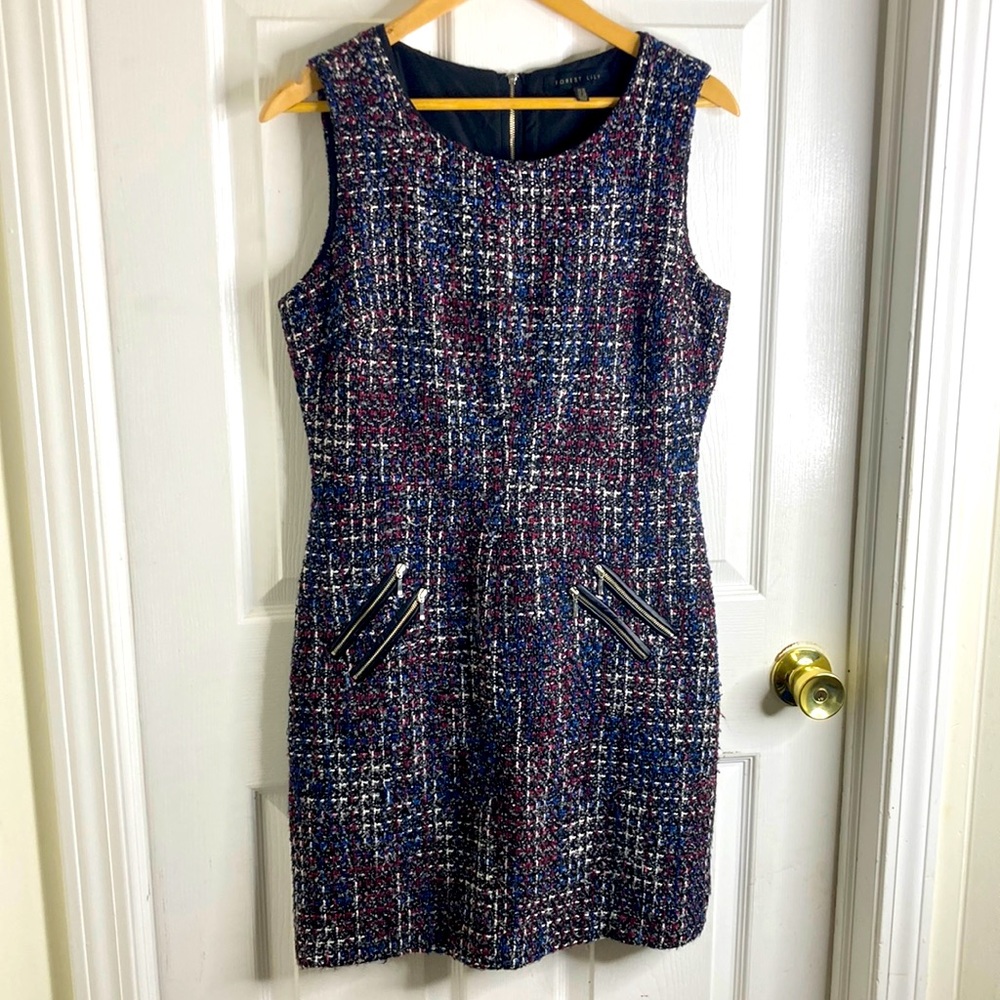 Forest Lily Black Red Blue Woven Tweed Dress Sz 10 Poly Blend Double Faux Zipper